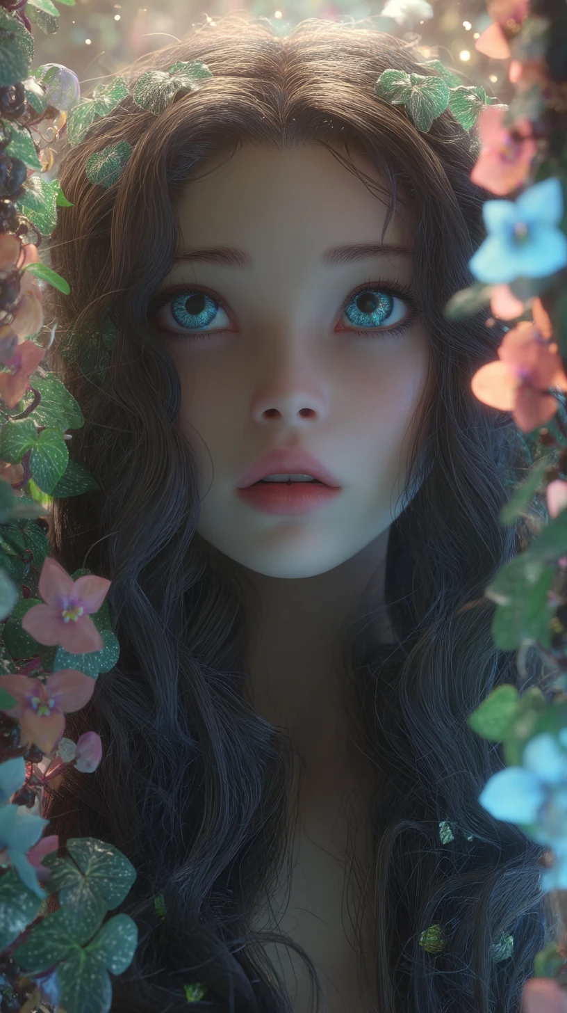 Retrato surreal em close-up de mulher com olhos heterocrômicos