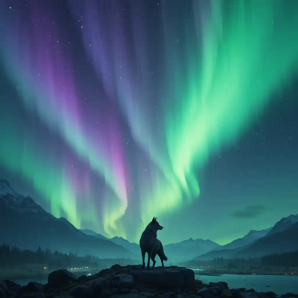 Einsamer Wolf unter lebhaften smaragdgrünen und violetten Nordlichtern