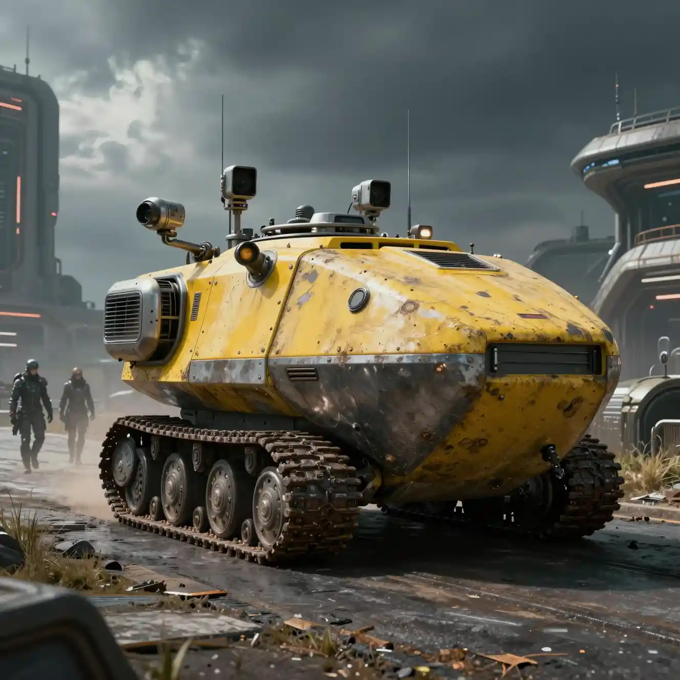 Autonomous Tracked Vehicle In A Dystopian Sci Fi Outpost