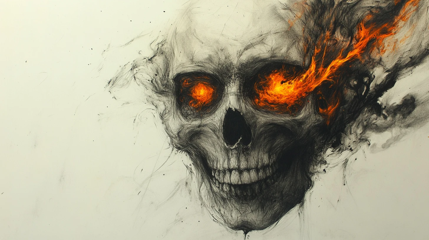 Charcoal skull close up with glowing eyes in abstract fire