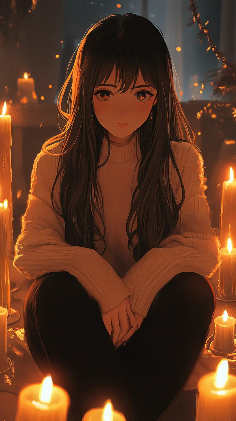 Anime girl sitting among candles in a warm dim room