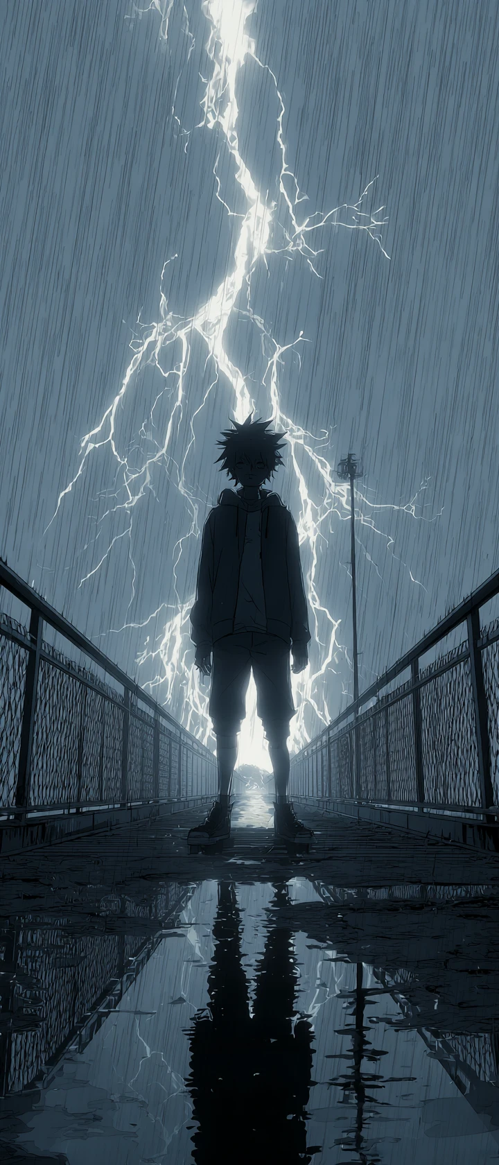 Anime-Mädchen steht im strömenden Regen auf einer leeren Brücke