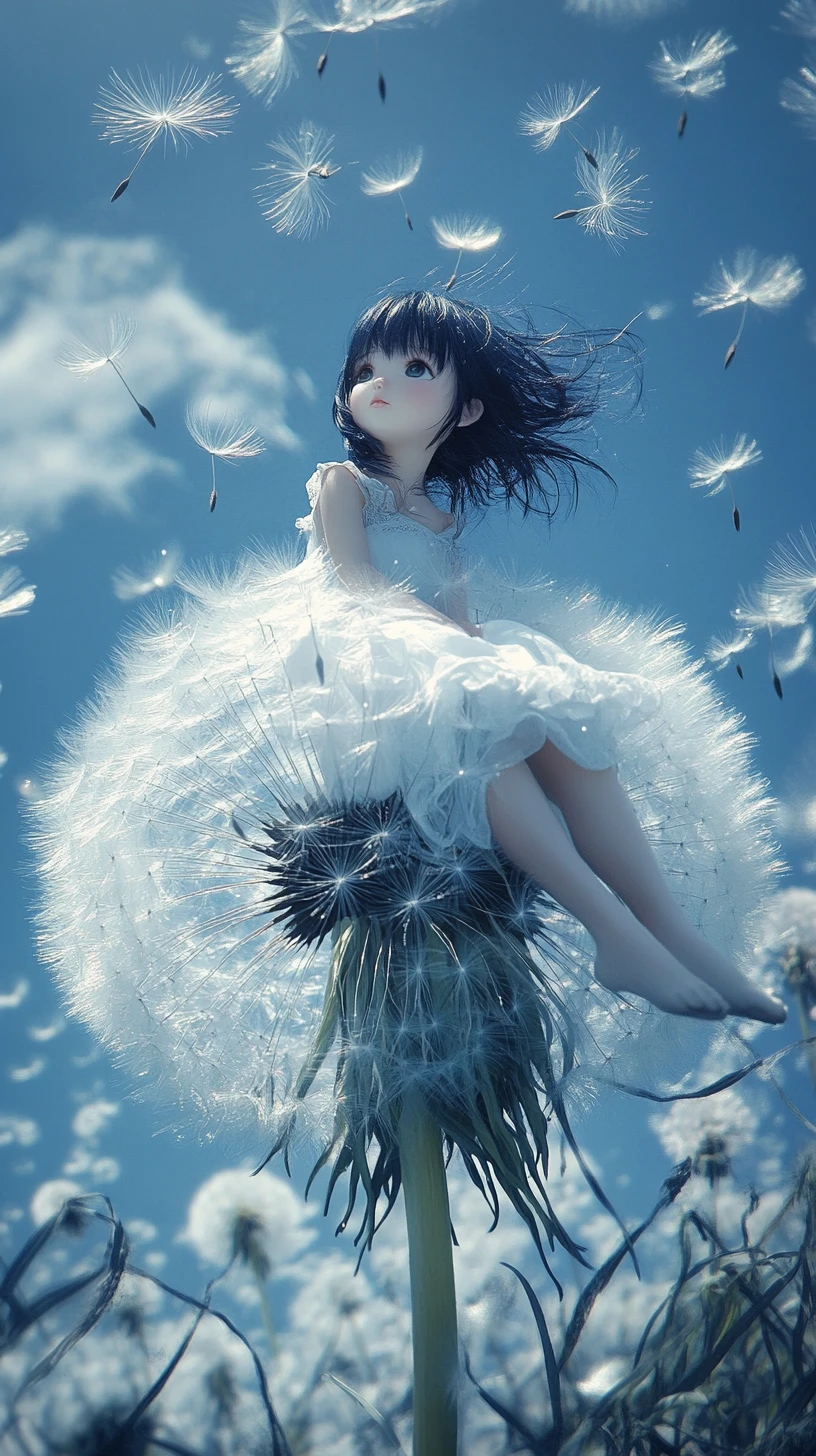 Fille chibi assise sur un pissenlit géant sous un ciel bleu