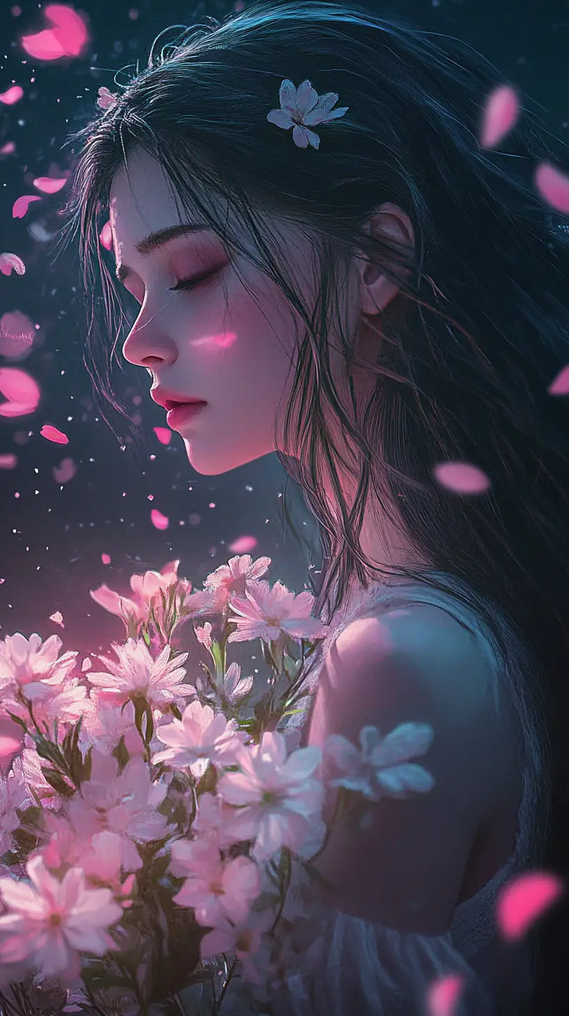 Anime girl with flowers in dreamy glowing petals