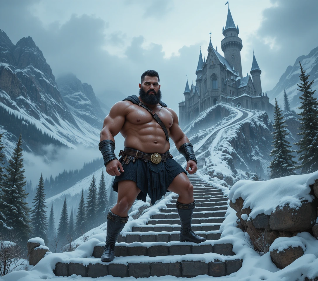 Guerriero latino muscoloso fantasy davanti a un castello invernale