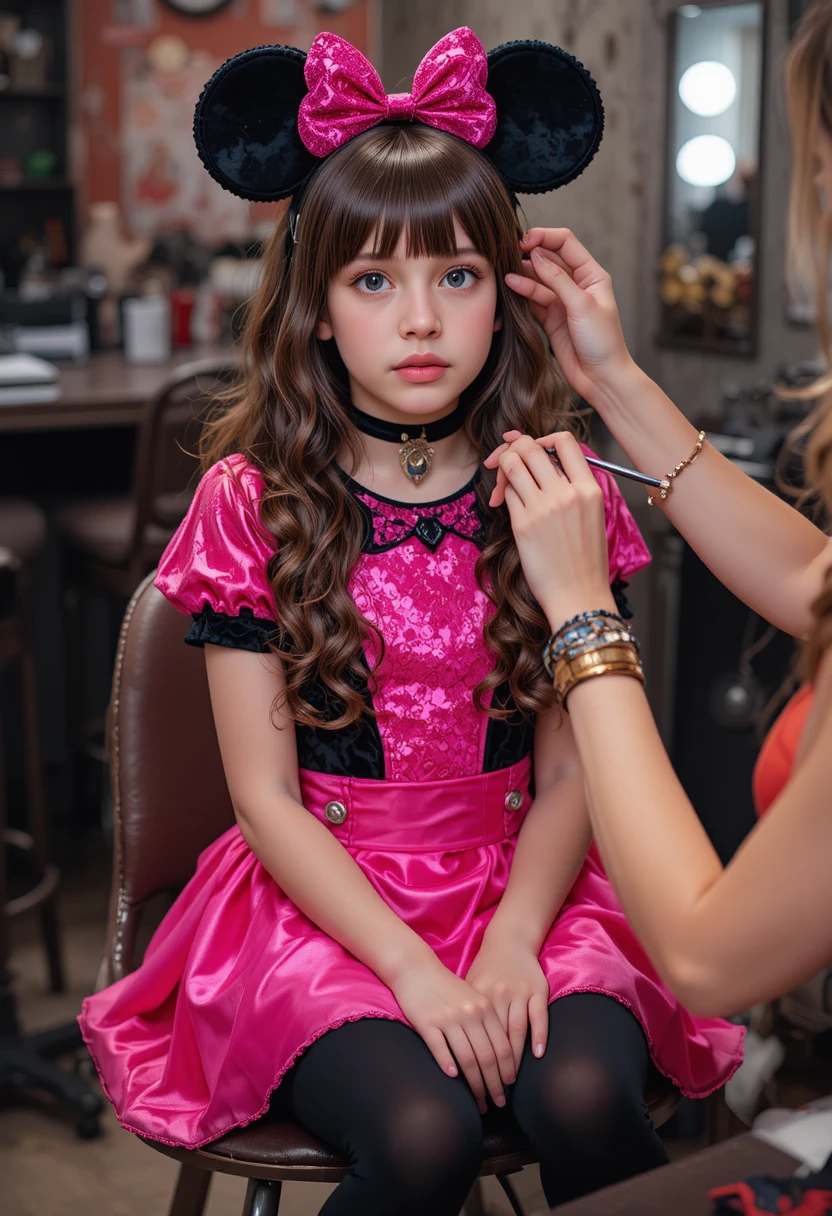 Young boy in pink dress getting makeup applied