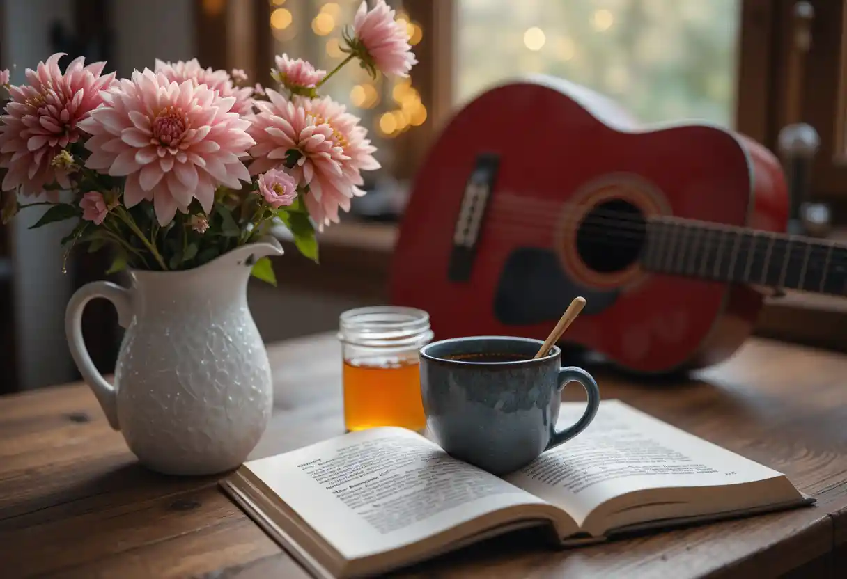 Acogedor rincón de café y lectura sobre una mesa de madera