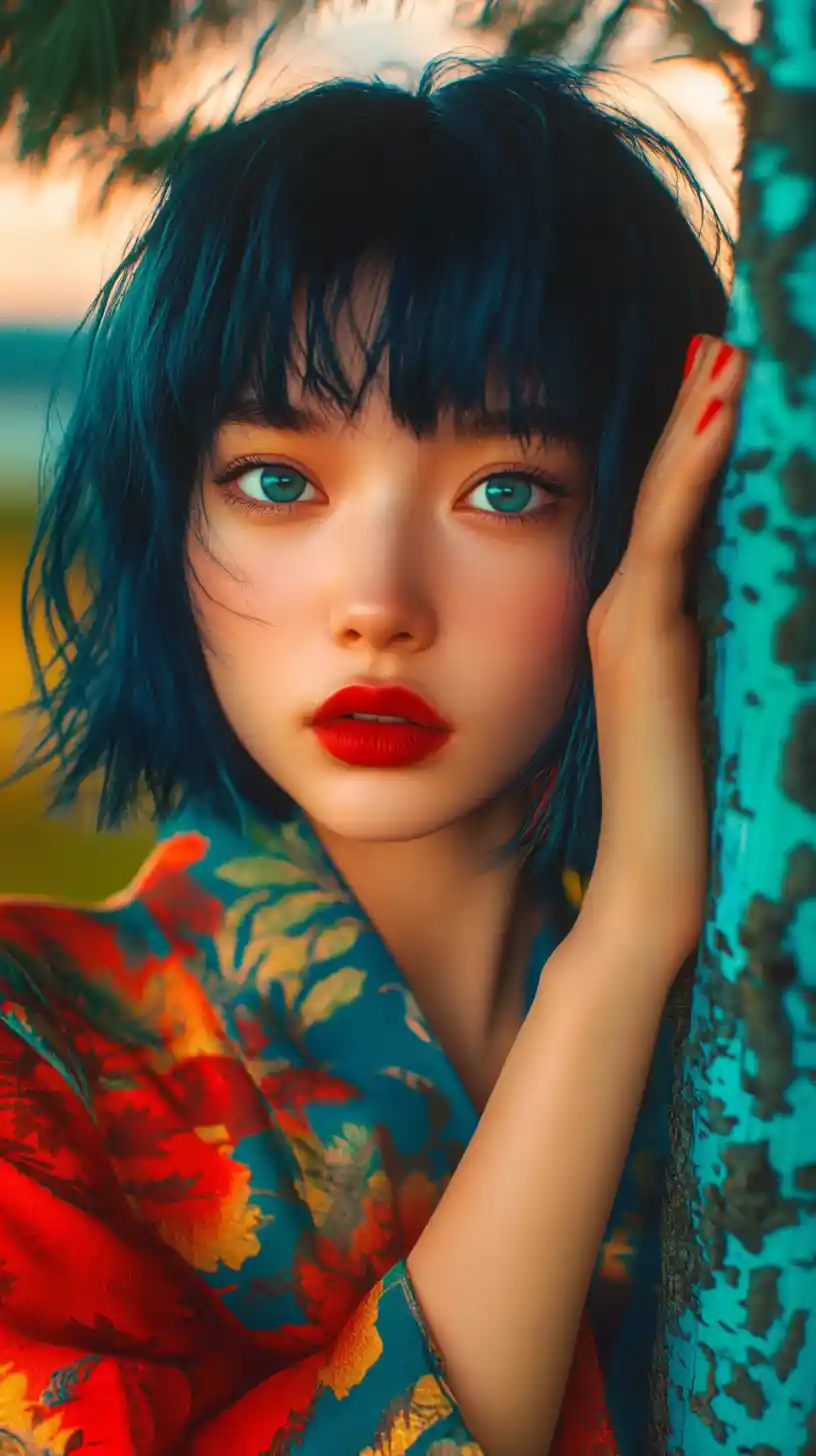 Ragazza enigmatica in kimono rosso accanto a un albero alto