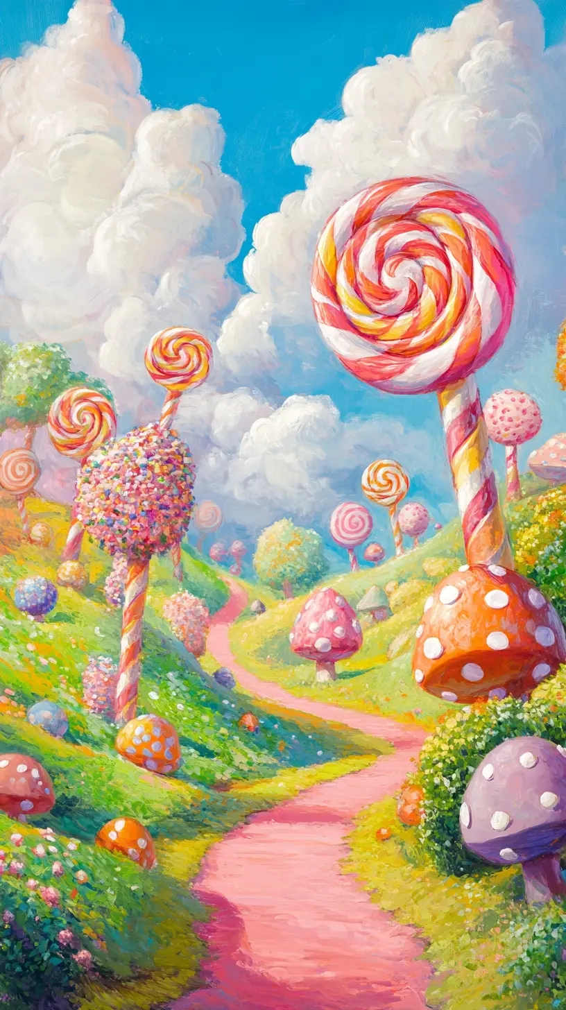 Whimsical Candyland Landscape With Spiral Lollipop Trees