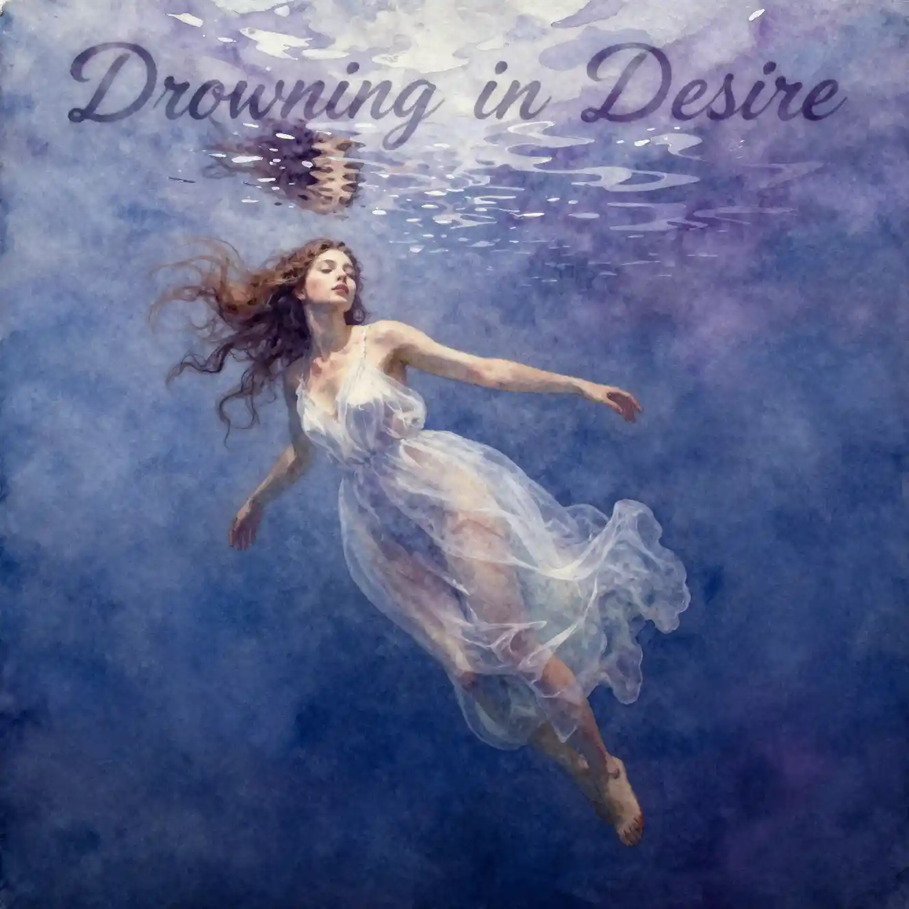 Watercolor girl drifting beneath dark indigo drowning water