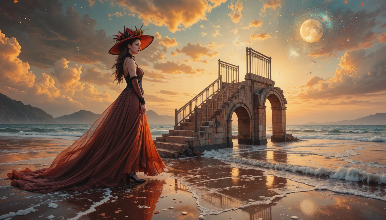 Mulher elegante e fantástica com chapéu vitoriano à beira-mar