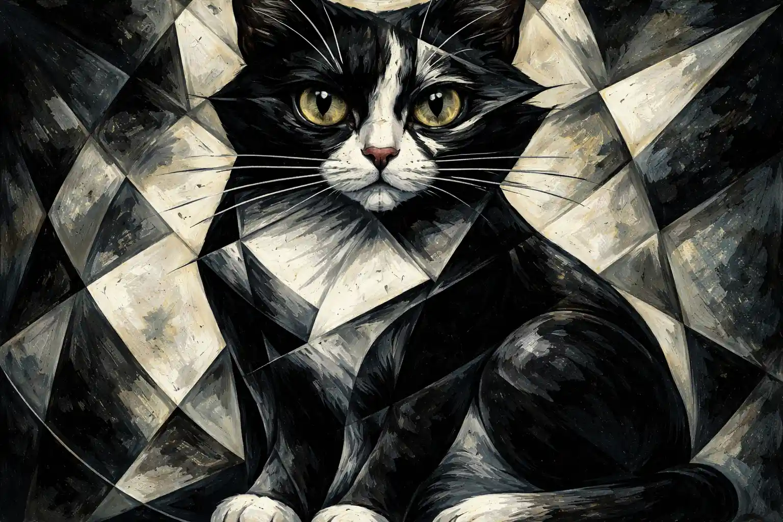 Gatto tuxedo cubista con geometria bianca e nera frammentata