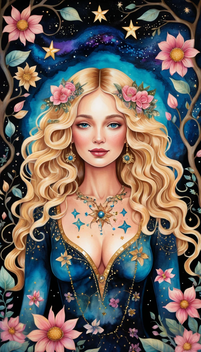 Femme blonde dans un jardin floral d’art populaire la nuit