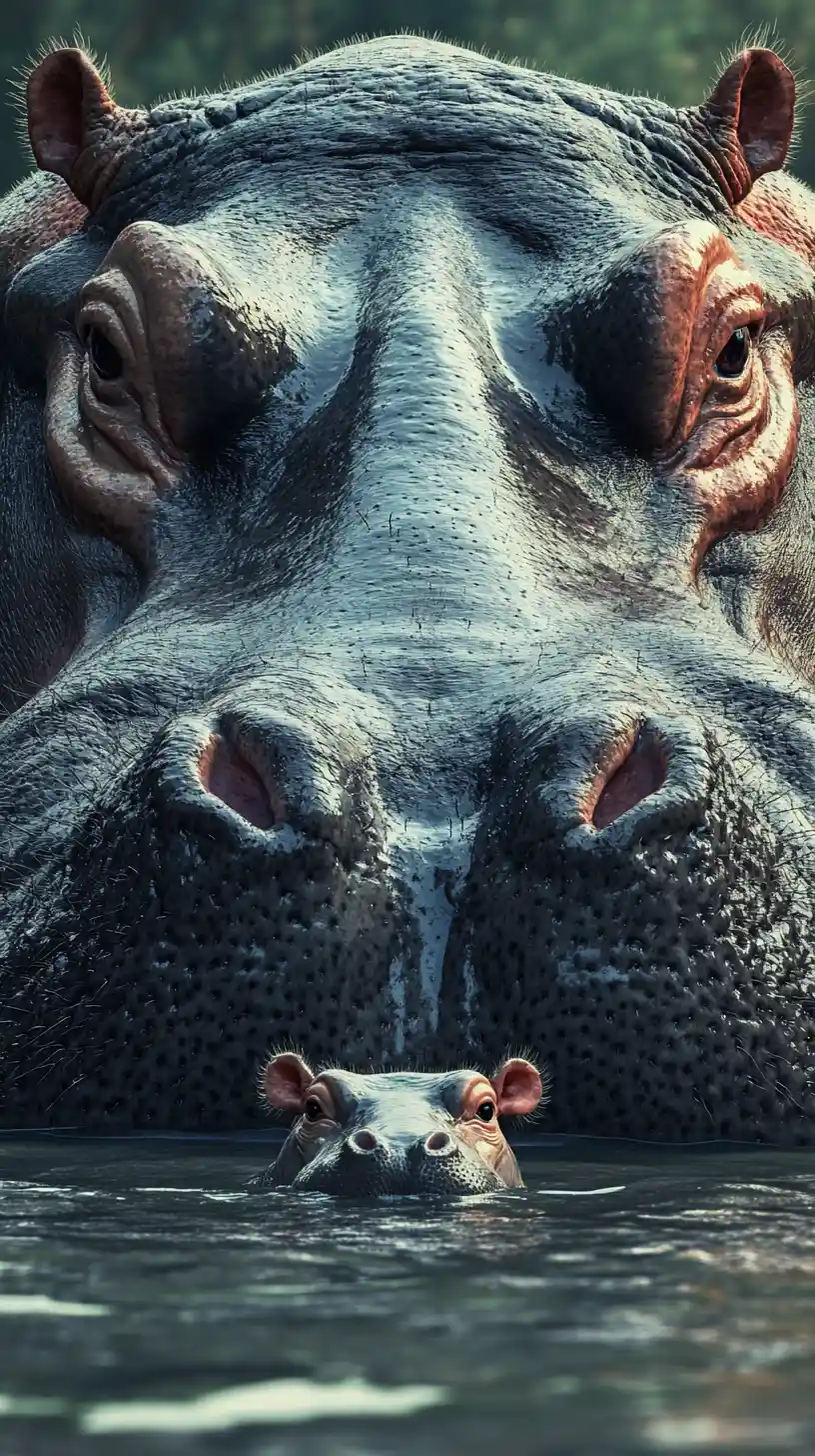 Close up of adult hippo watching over tiny baby in water