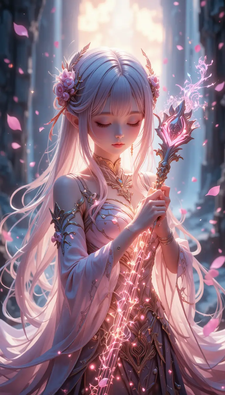 Peaceful anime elf girl hugging a glowing staff