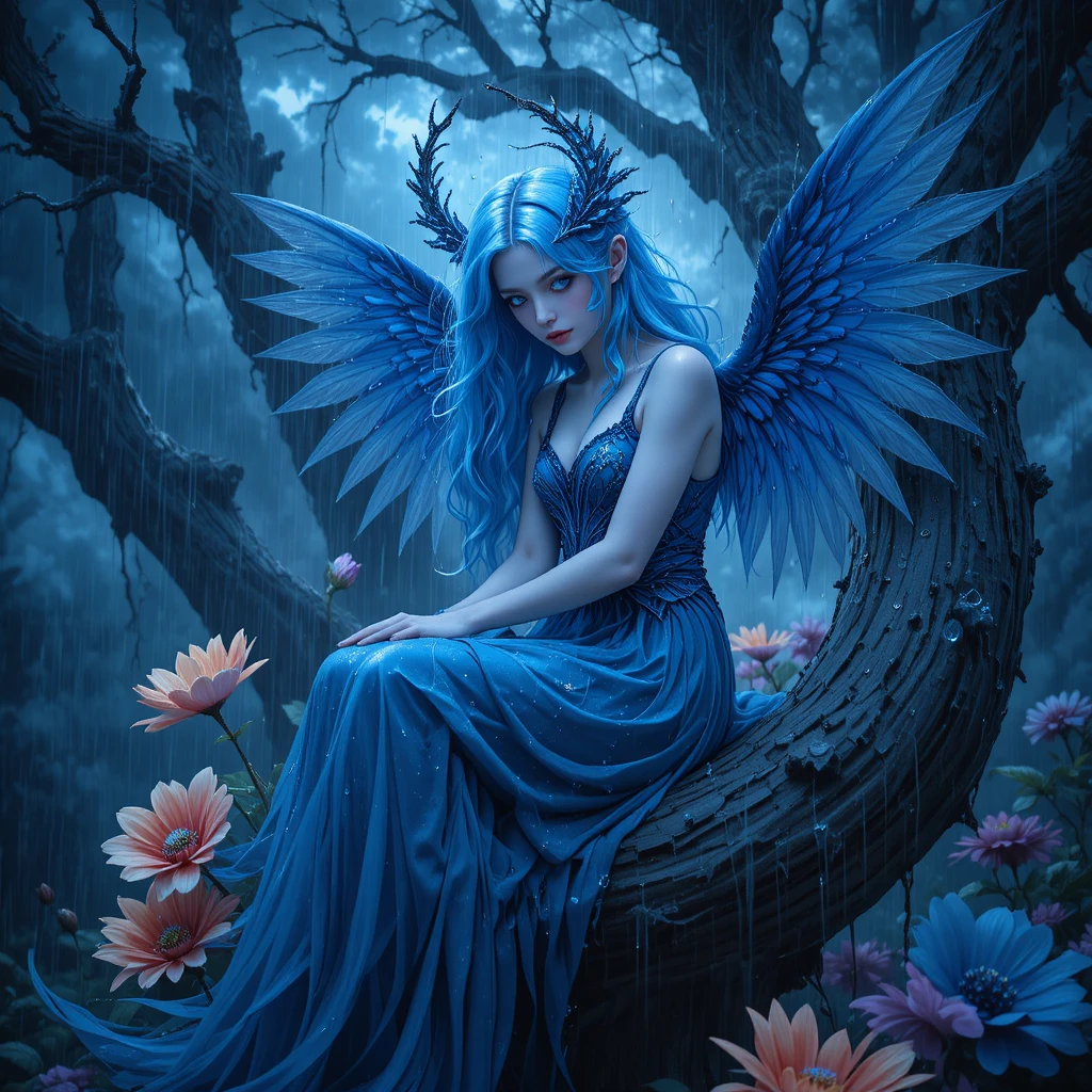 Blue haired angel with wings sitting in a rainy tree