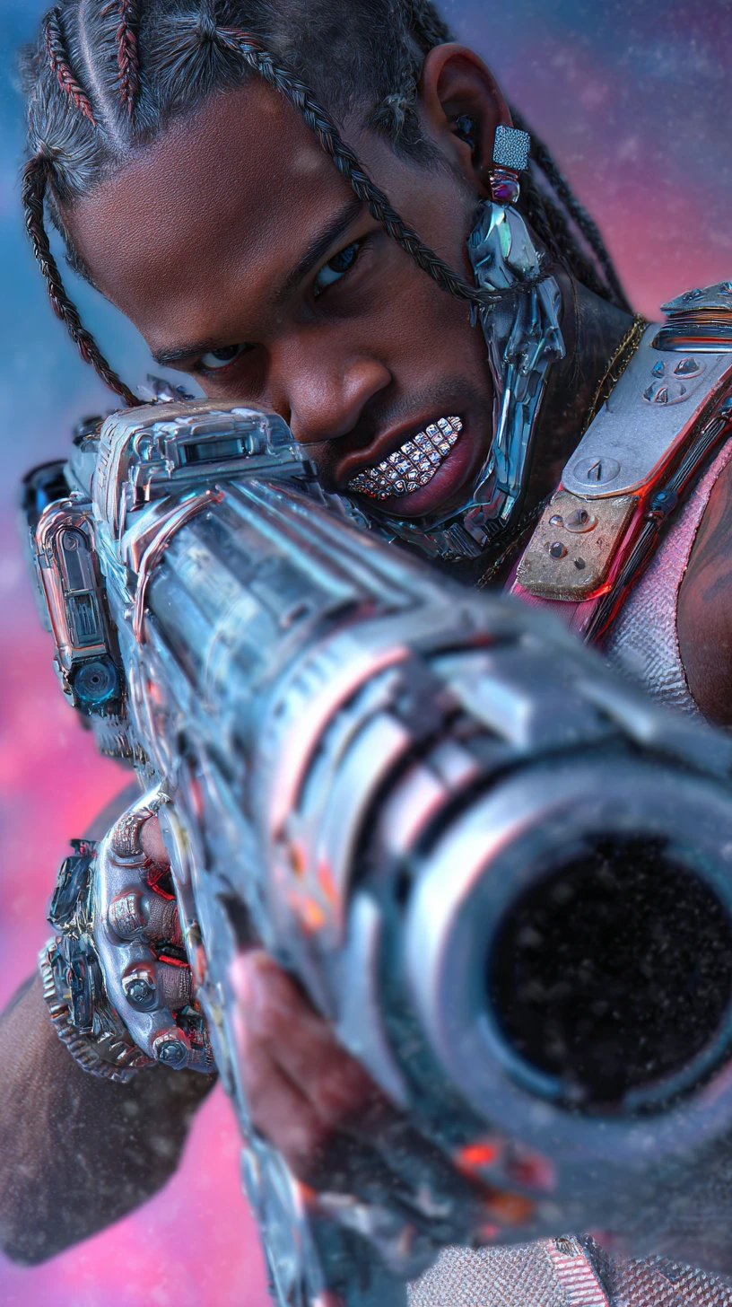 Assassino cyborg afrofuturista che spara una massiccia arma sci-fi