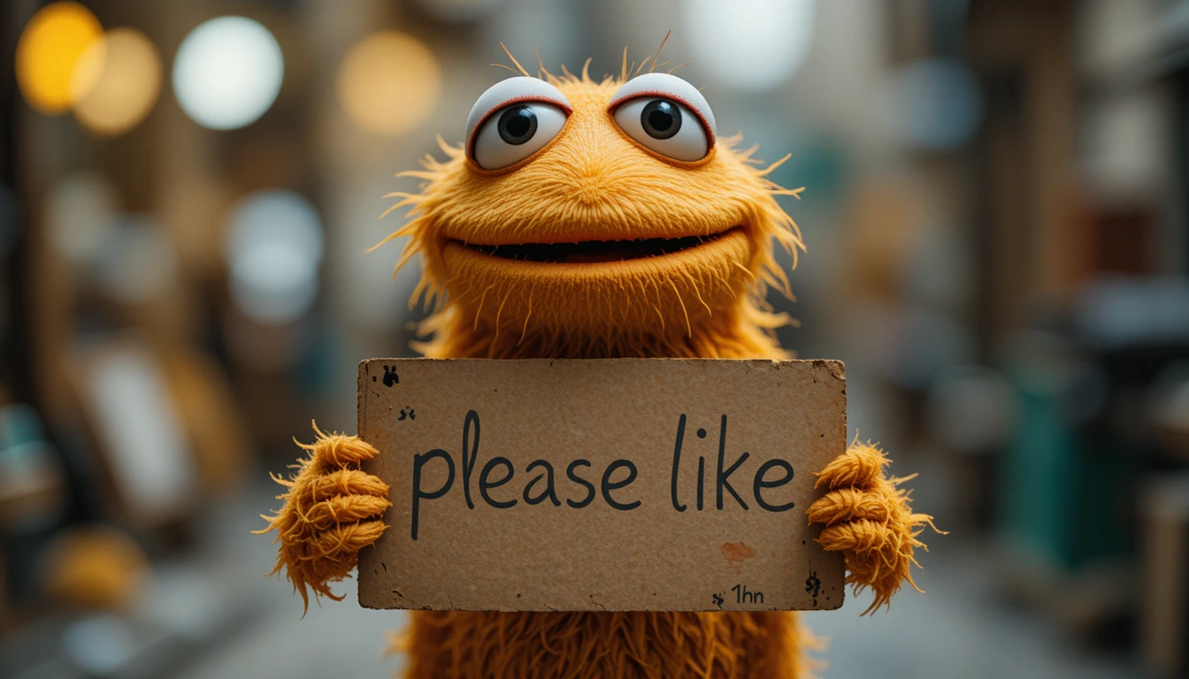 Cartoonfigur hält ein Pappschild mit der Aufschrift „Please like“