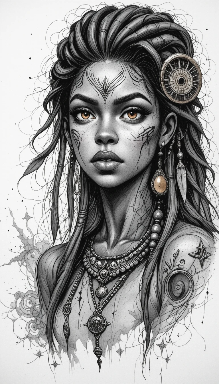 Mystical tribal warrior woman portrait in charcoal sketch
