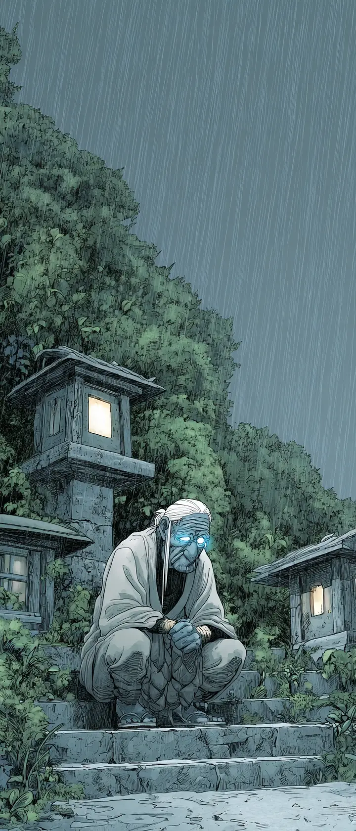 Anime elder waiting alone on temple steps in storm