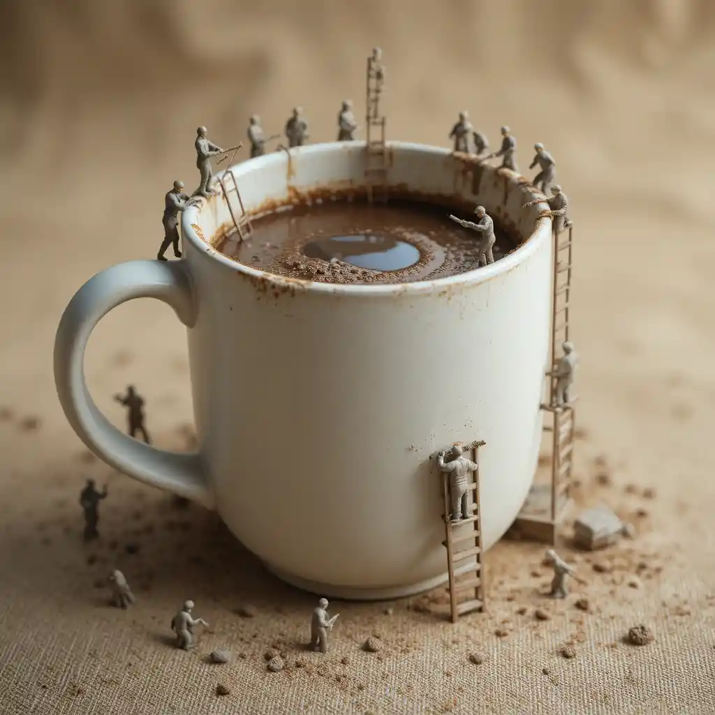 Miniature workers crafting a giant ceramic coffee mug