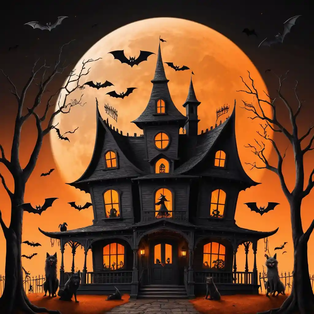 Haunted House Under Orange Sky With Bats And Wolves