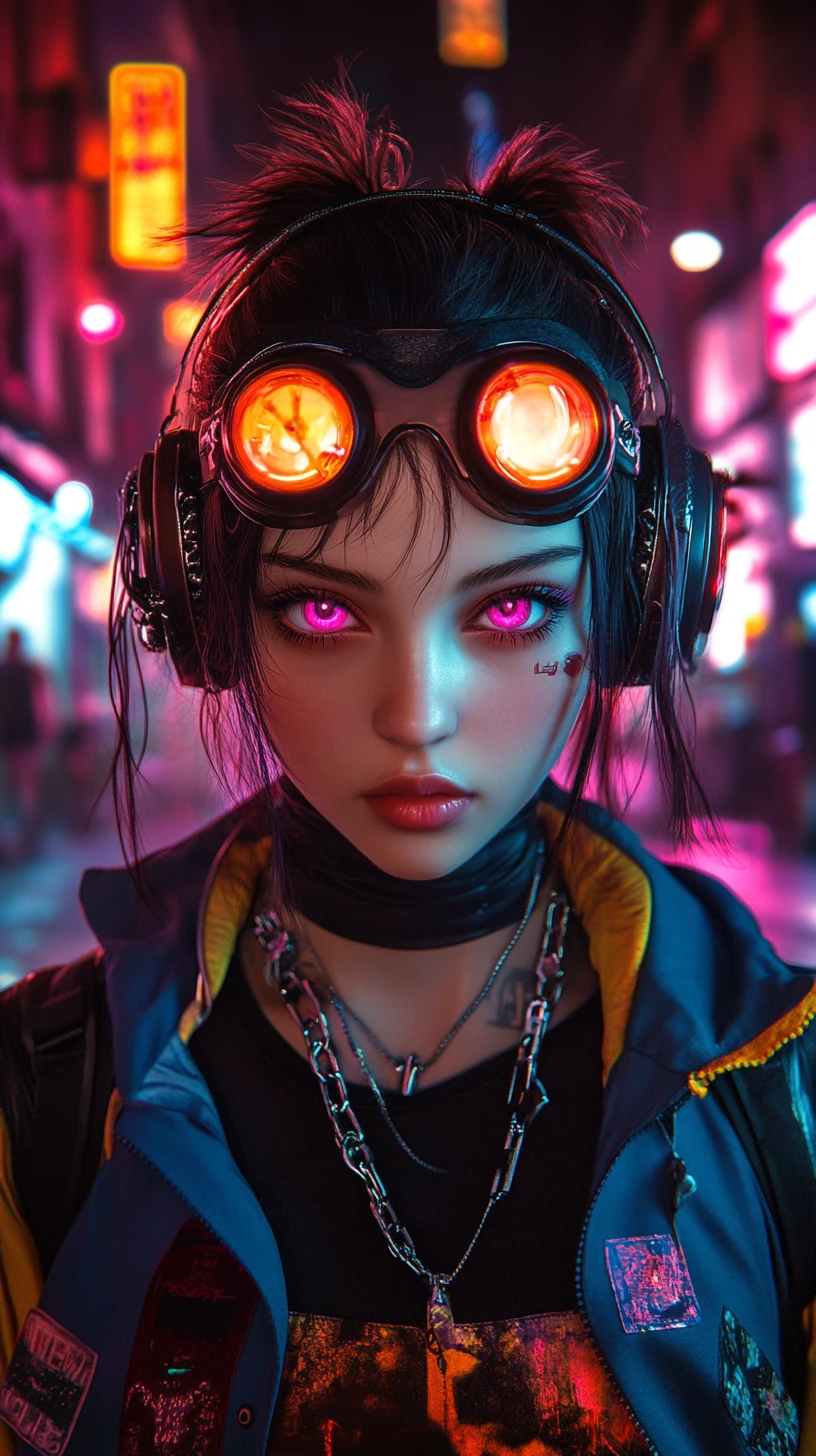 Cyberpunk anime girl with neon goggles in city street