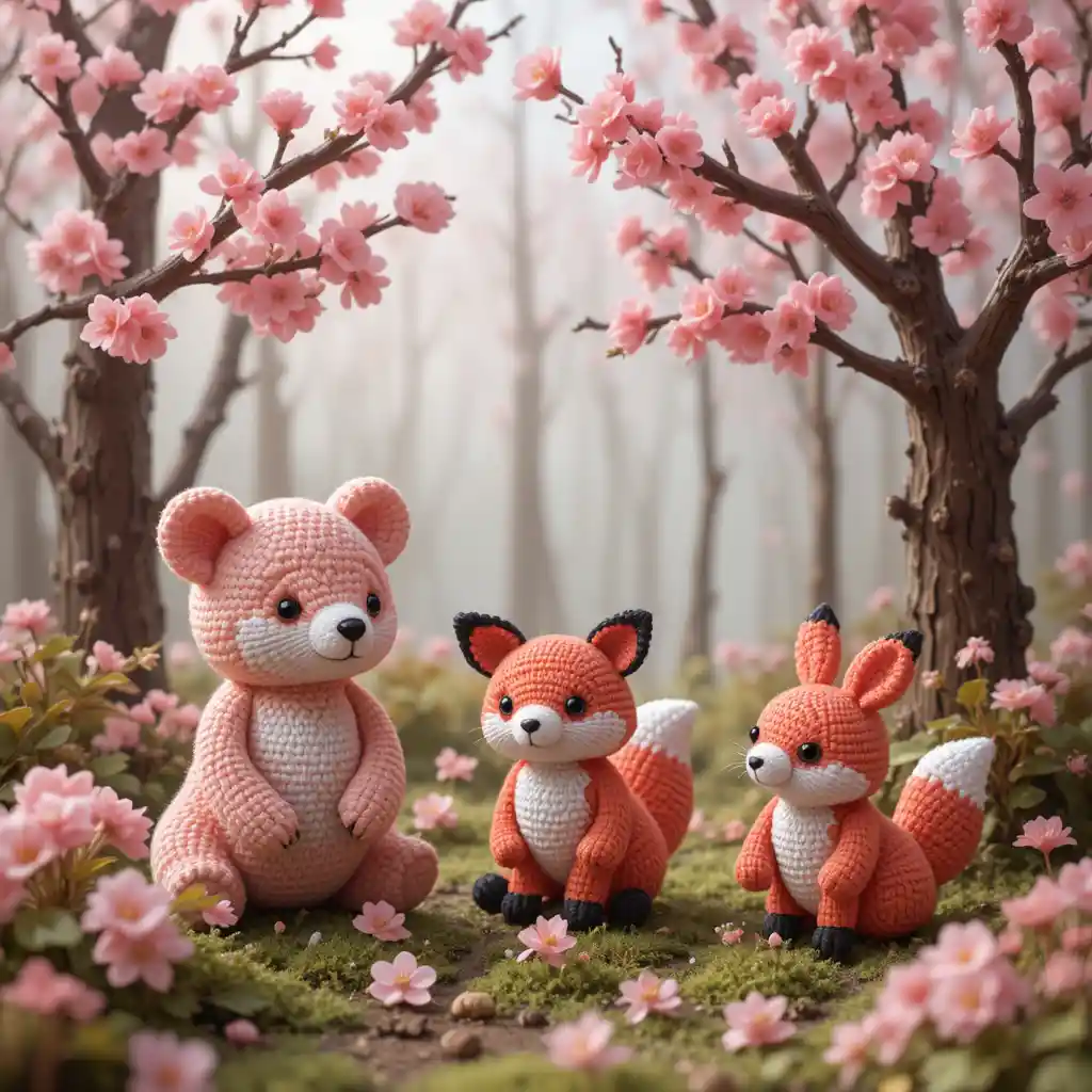 Crocheted cherry blossom forest with cute animal friends