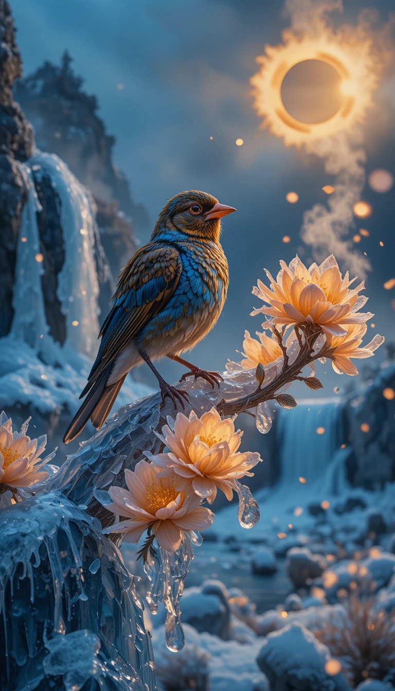 Mythischer Phönixvogel auf kristallinem Ast zur Blauen Stunde