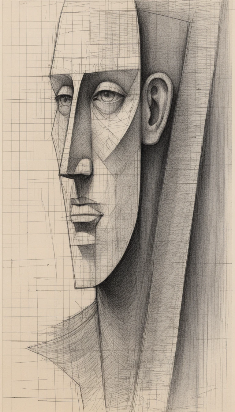 Kubistisches Profilporträt in Graphit mit geometrisch facettiertem Kopf