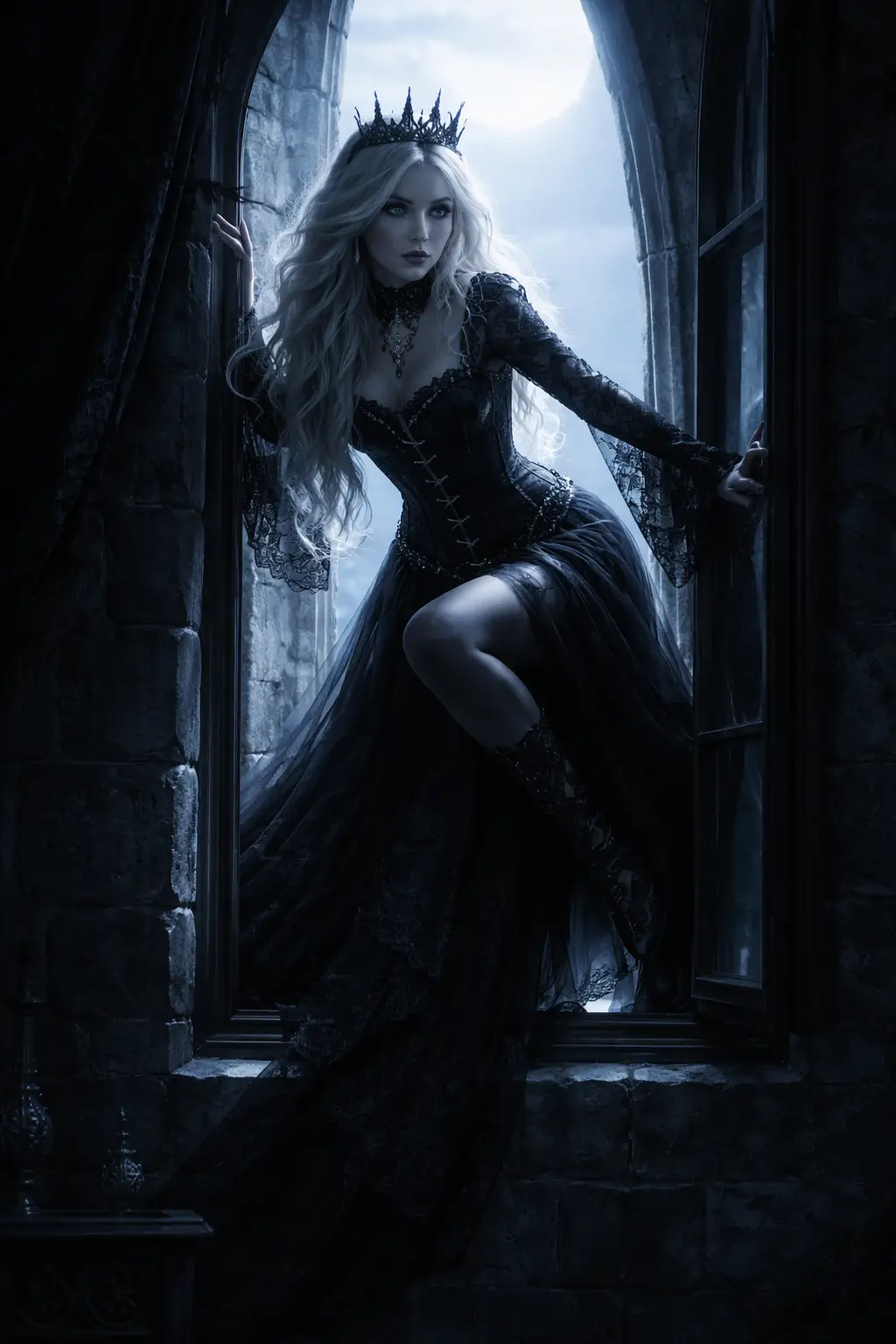Gothic princess climbing through a moonlit castle window