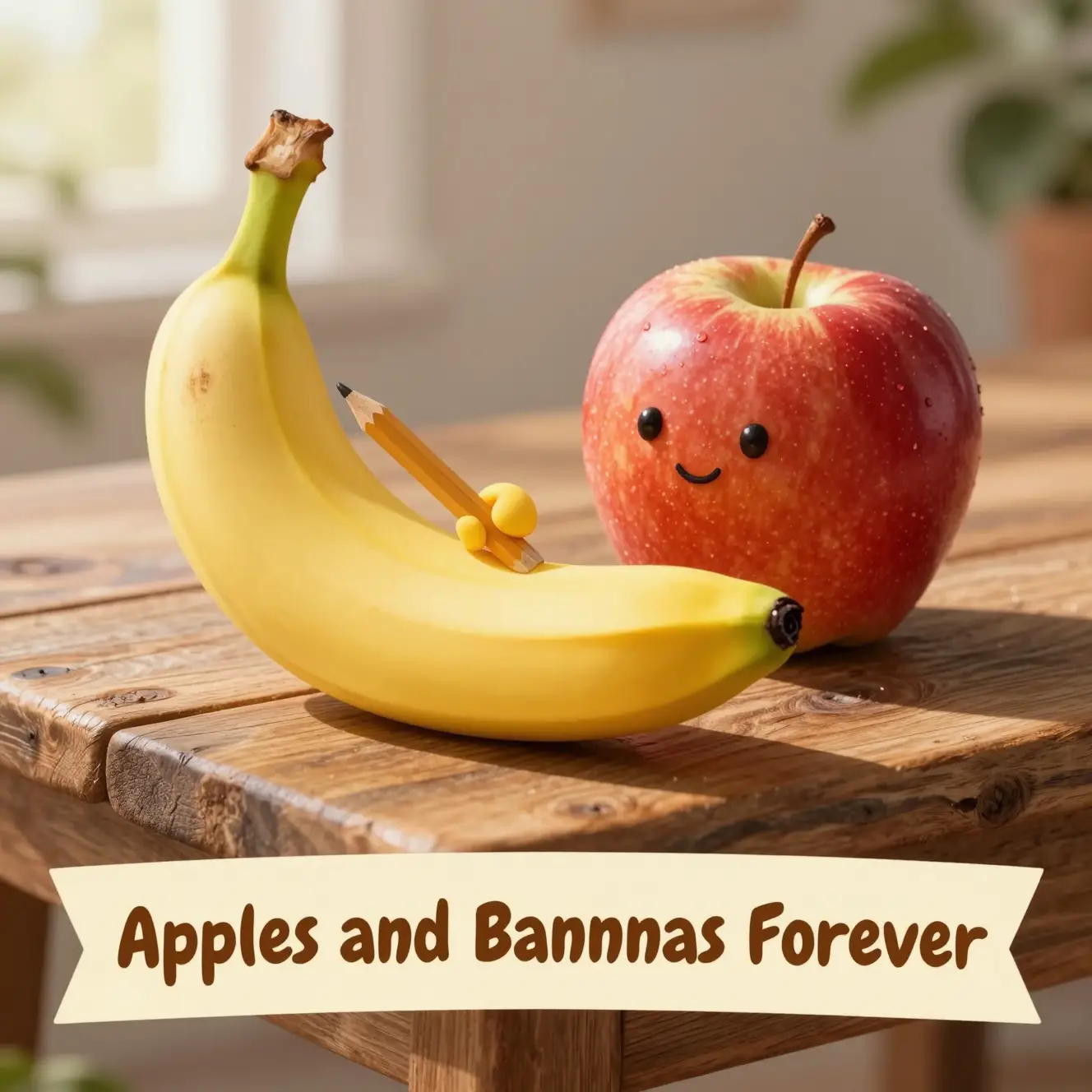 Playful banana and apple still life on wooden table