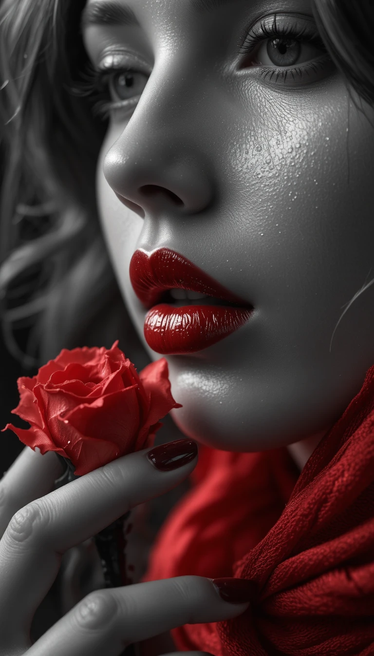 Black and white profile with vivid red glossy lips and scarf