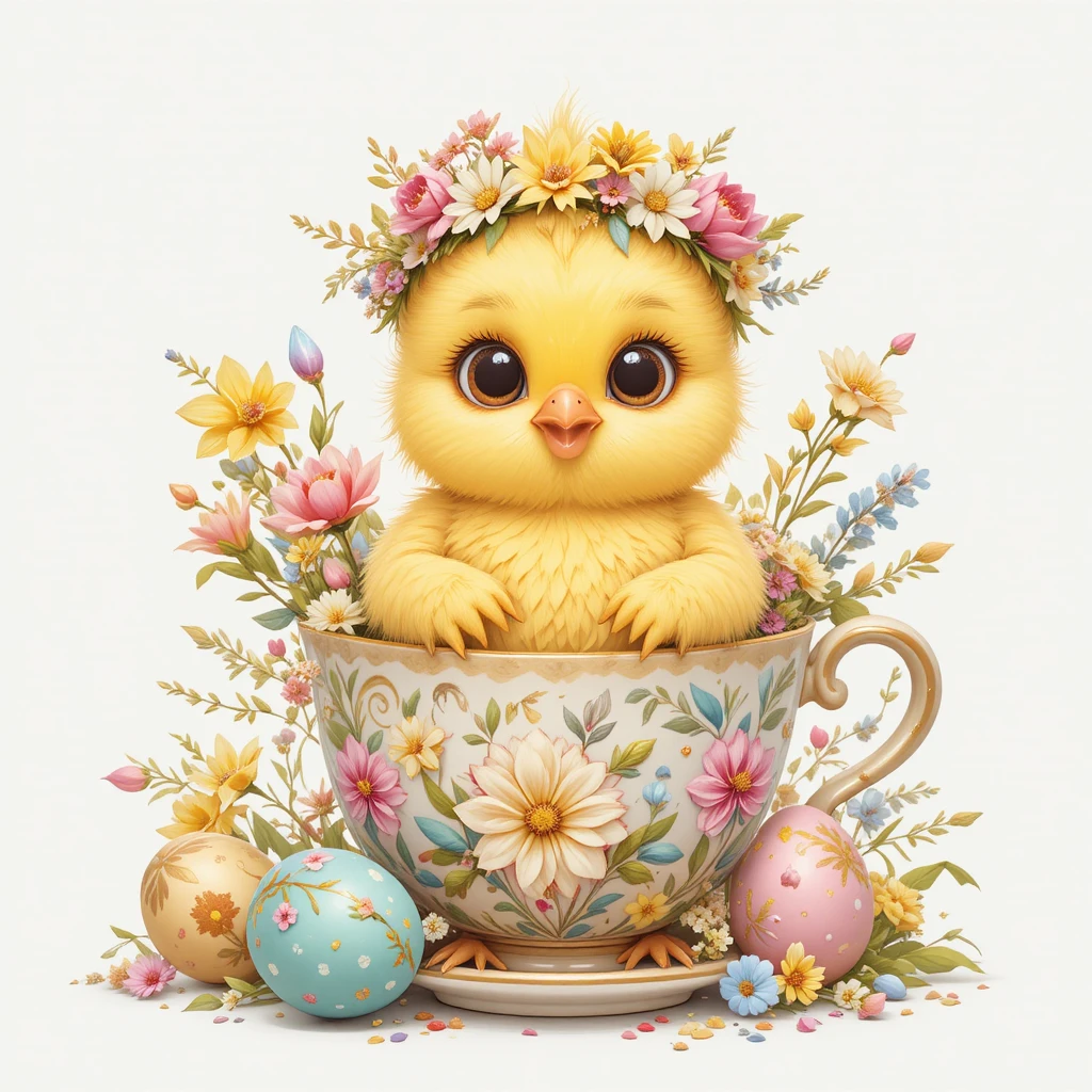 Dolce pulcino in tazza da tè floreale con uova di Pasqua