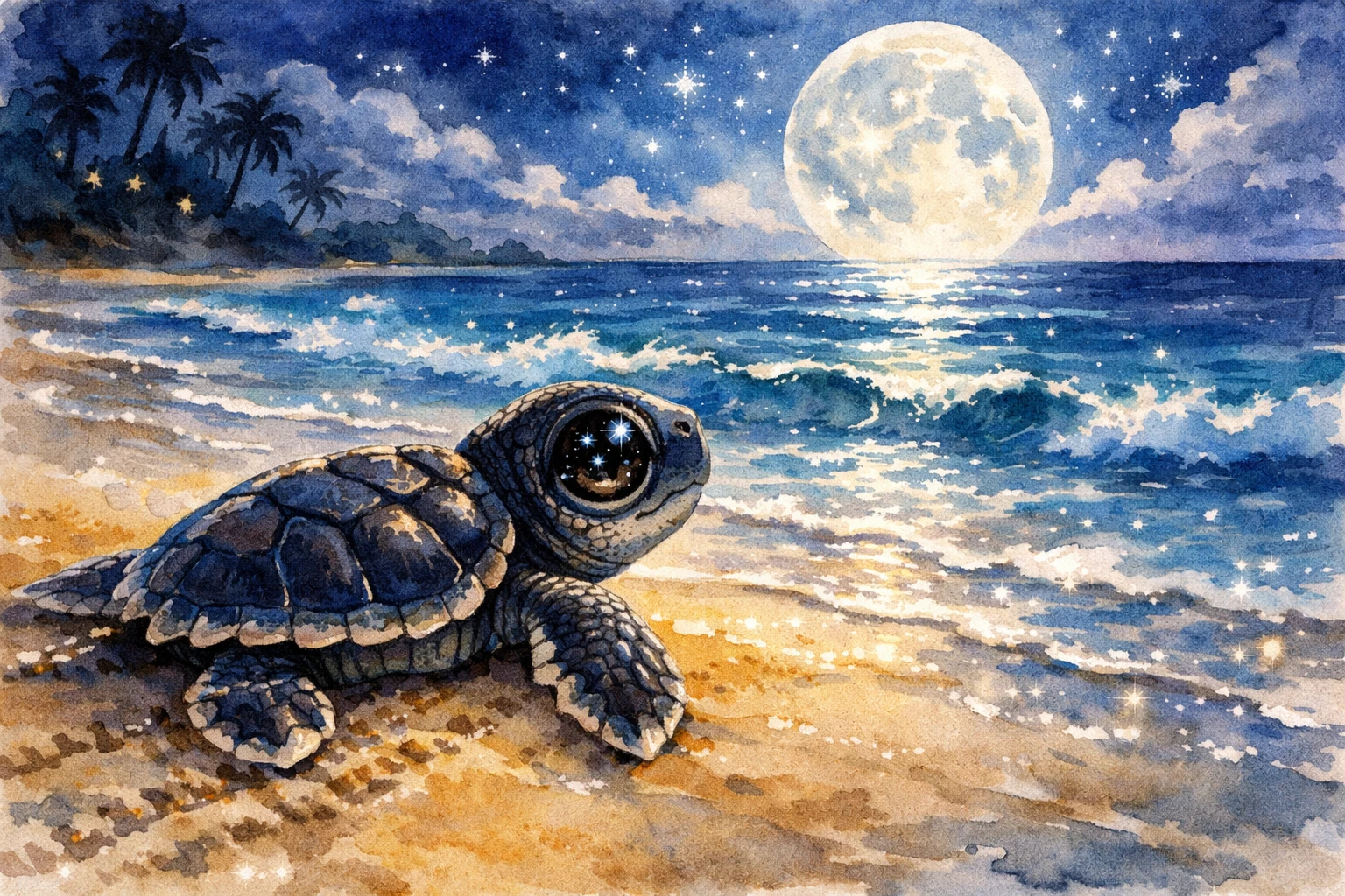 Cucciolo di tartaruga marina che striscia verso le onde tropicali illuminate dalla luna
