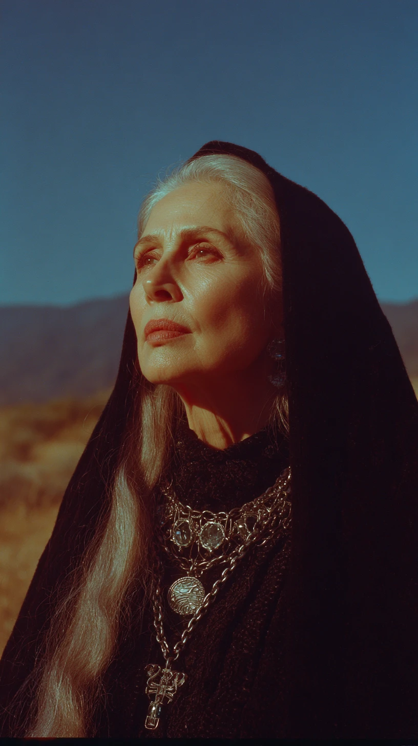 Chiaroscuro portrait of a mature supernatural woman outdoors