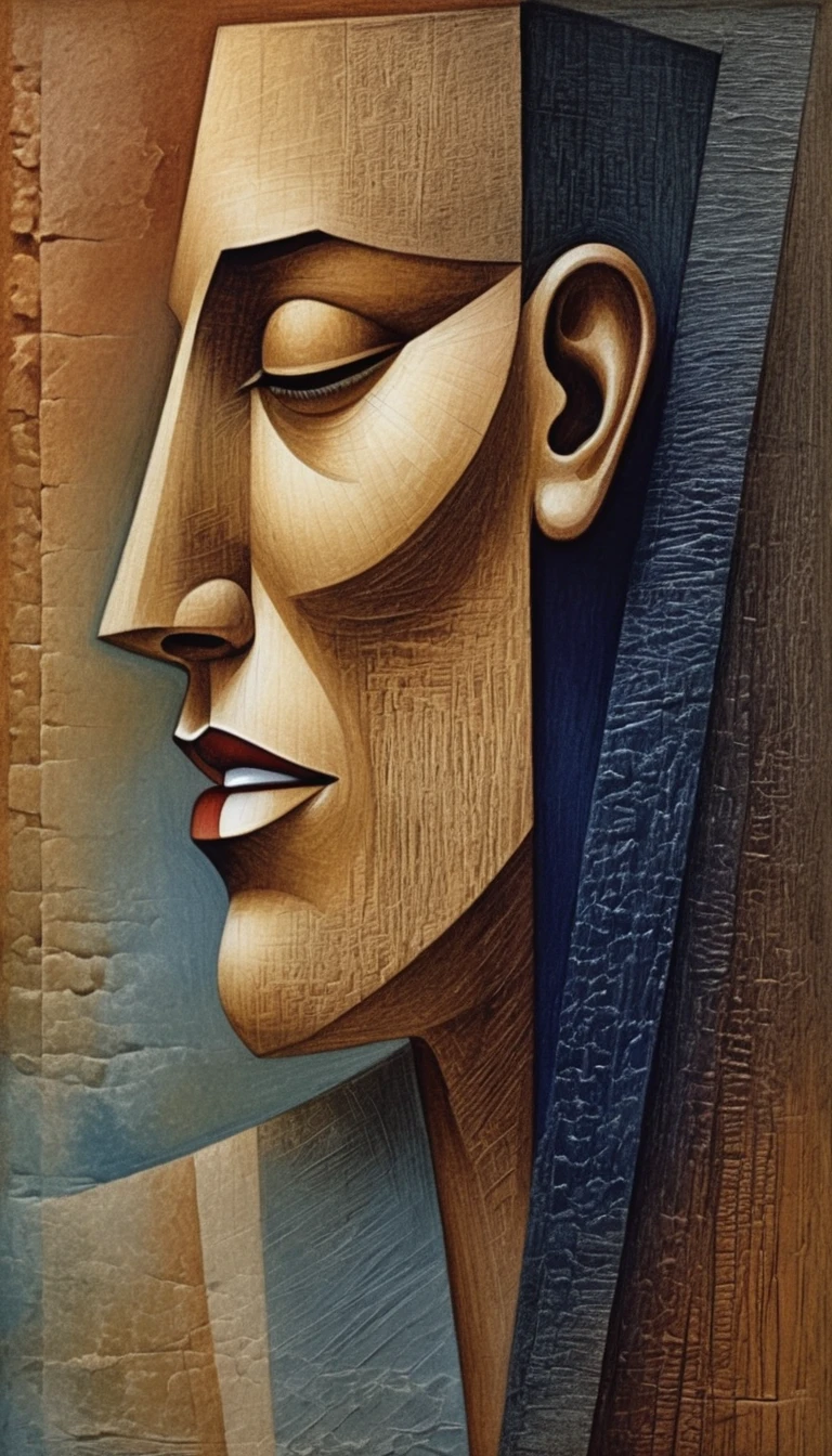 Cubist graphite profile portrait on textured beige paper