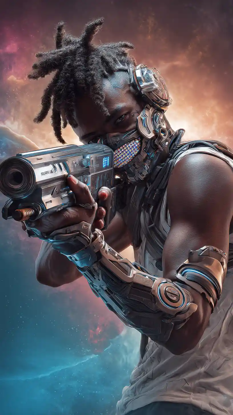 Asesino cyborg afrofuturista disparando un arma futurista