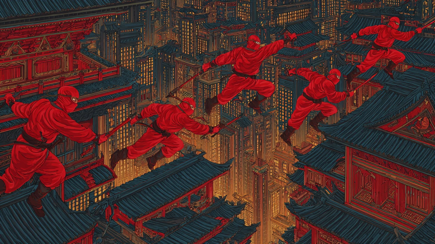 Red clad ninjas leaping across New York rooftops at night