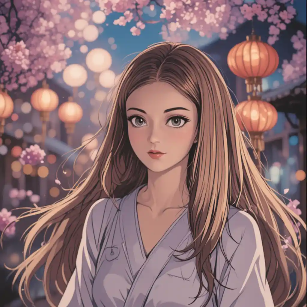 Anime girl with plum blossoms in warm festive light