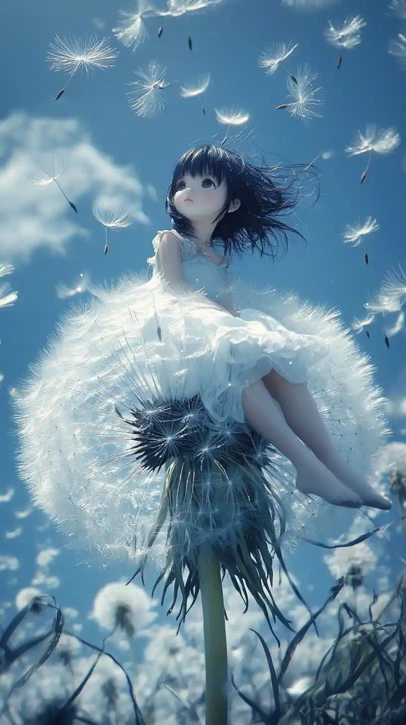 Chibi-Mädchen sitzt auf einem riesigen Löwenzahn unter blauem Himmel