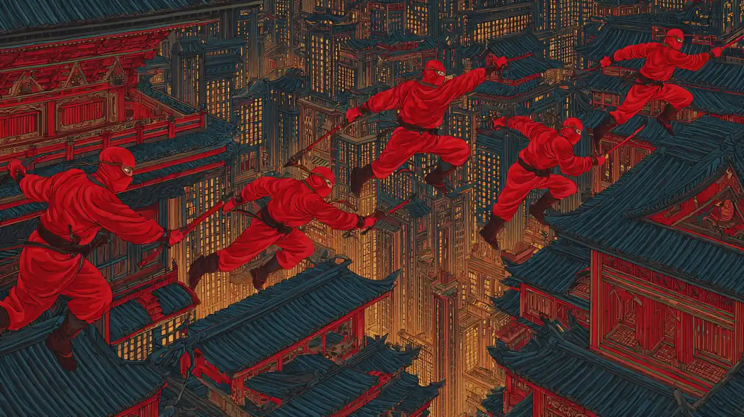 Rot gekleidete Ninjas springen nachts über die Dächer von New York