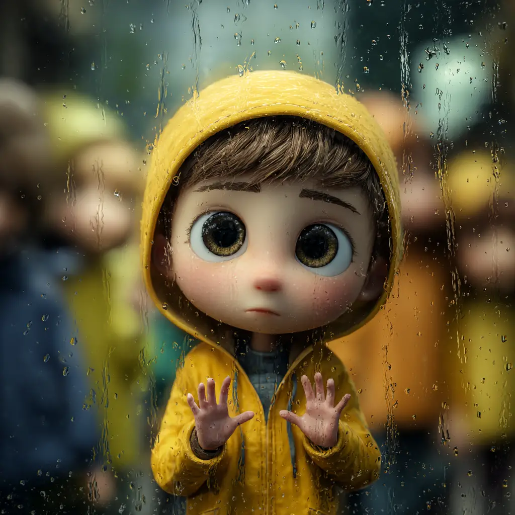Little boy in yellow raincoat behind rainy window