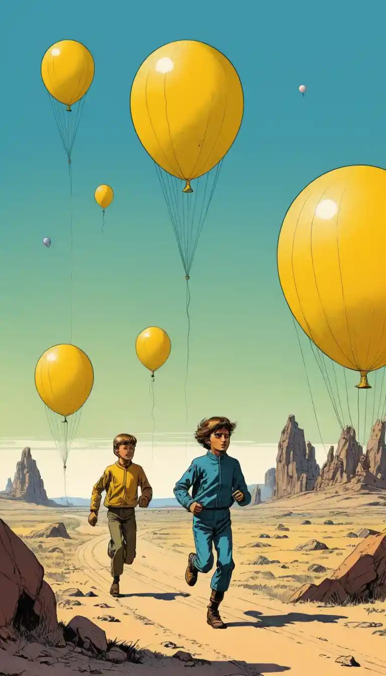 Boy running with balloons on yellow minimalist background