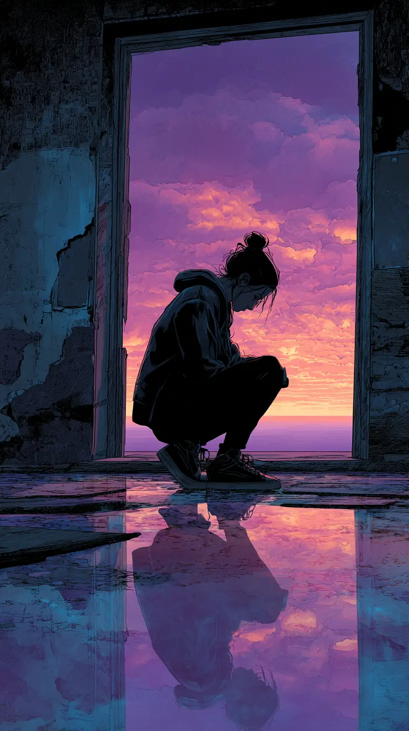 Solitary girl crouching in an abandoned room at dusk