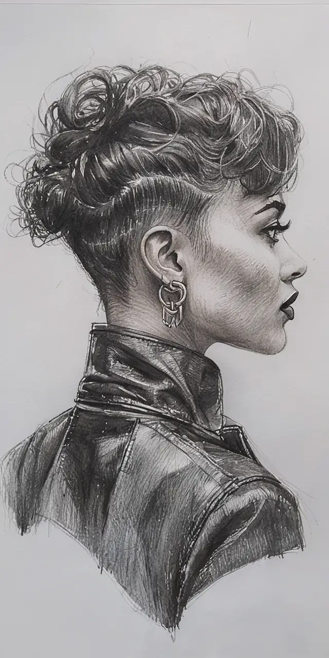 Black and white pen portrait of a woman in profile view