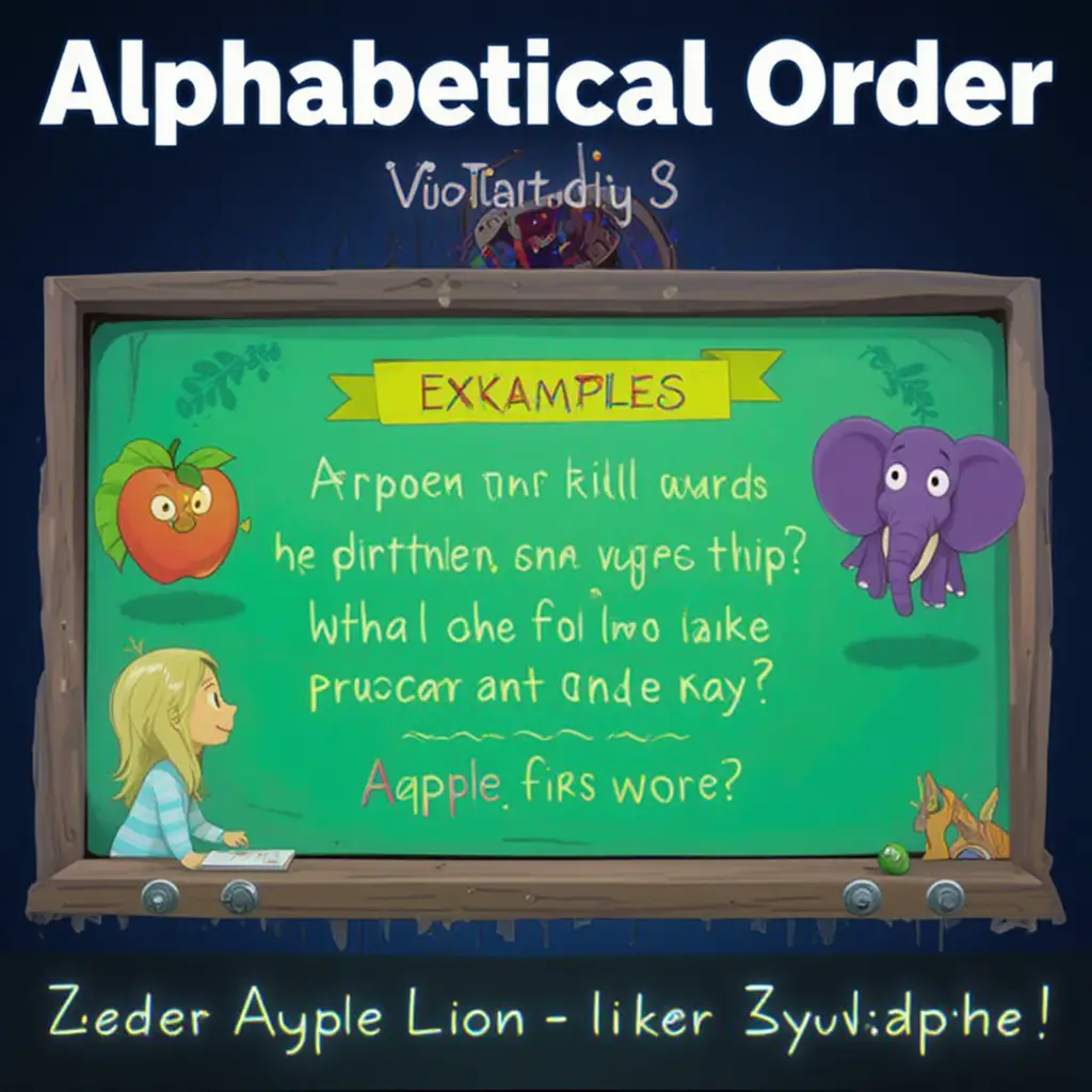 Animated scene explaining alphabetical order with simple word lists