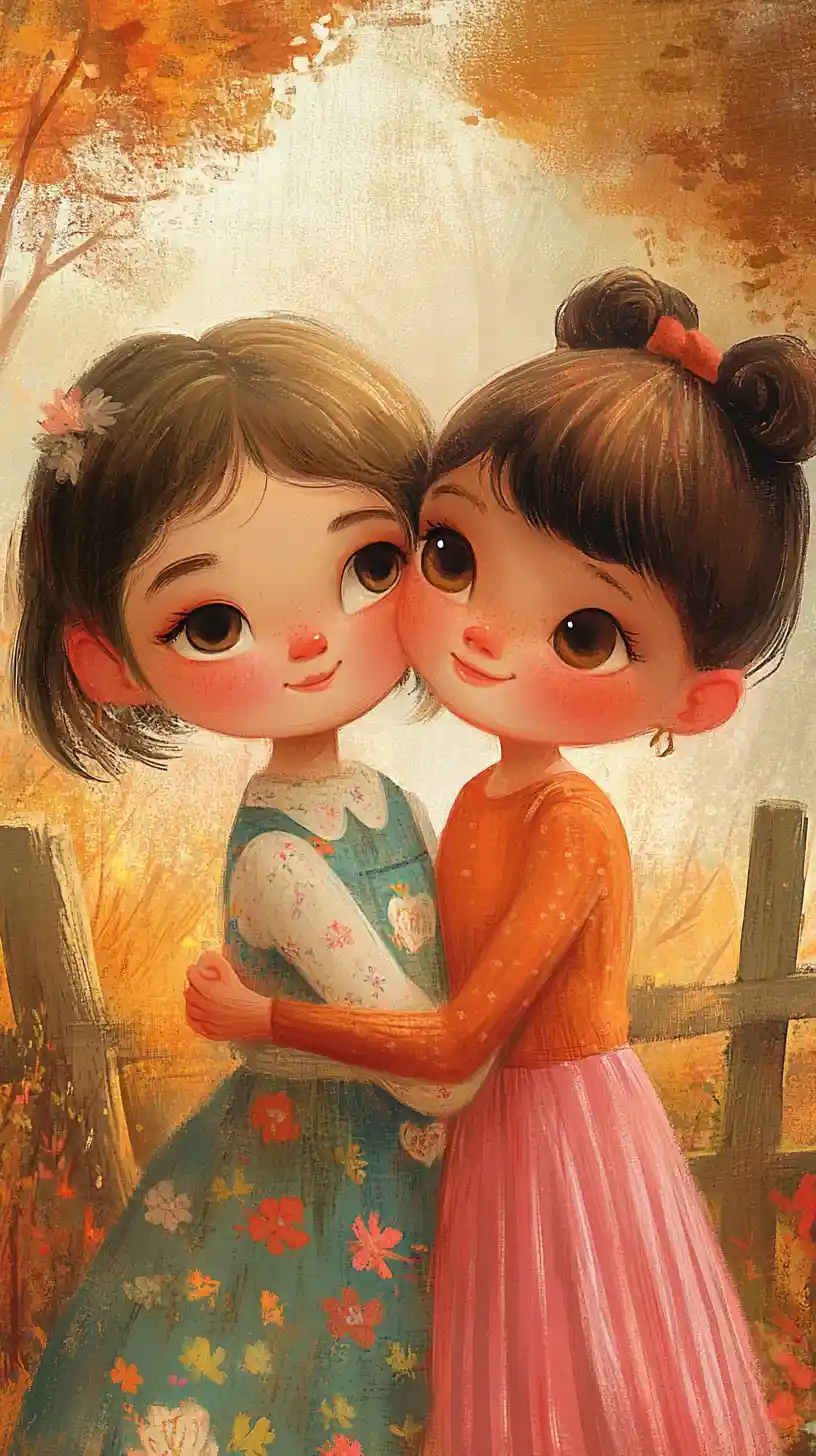 Two young girls hugging in a warm autumn illustration