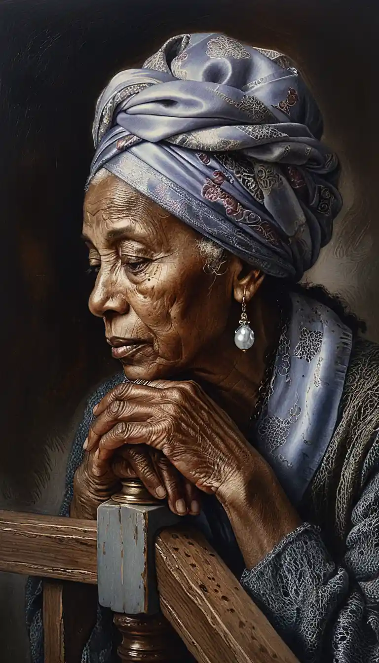 Elderly black woman in contemplative digital portrait profile