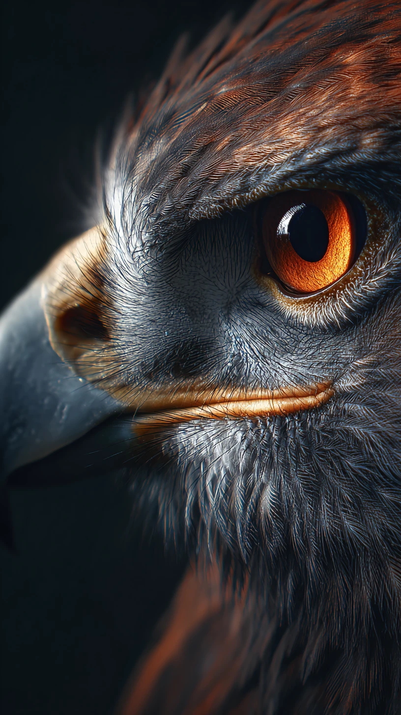 Primo piano dell’occhio di un’aquila in uno stile fotografico drammatico e in ombra